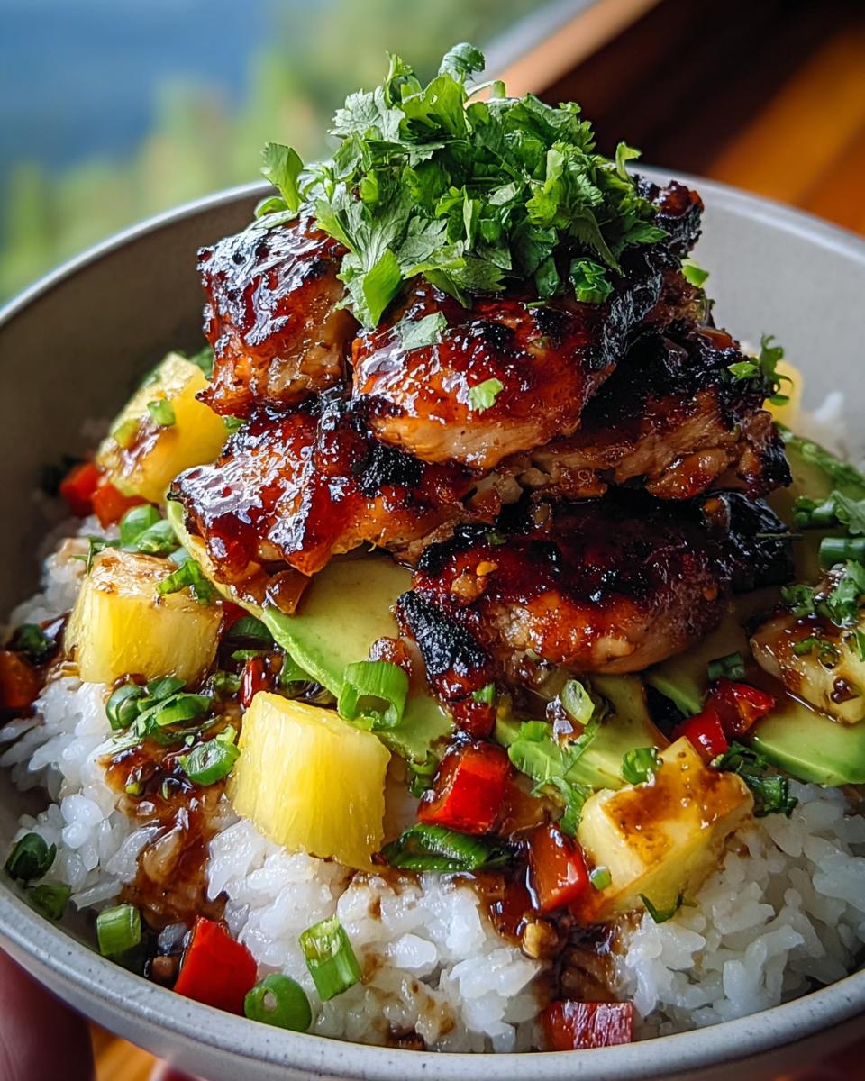 A delicious Hawaiian Huli Huli Chicken Rice Stack in a bowl, featuring grilled chicken, rice, pineapple, avocado, and cilantro.