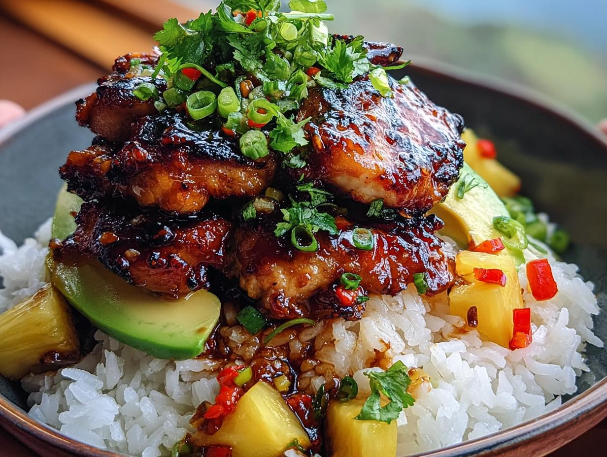 Delicious 10-Minute Hawaiian Huli Huli Chicken Rice Stack