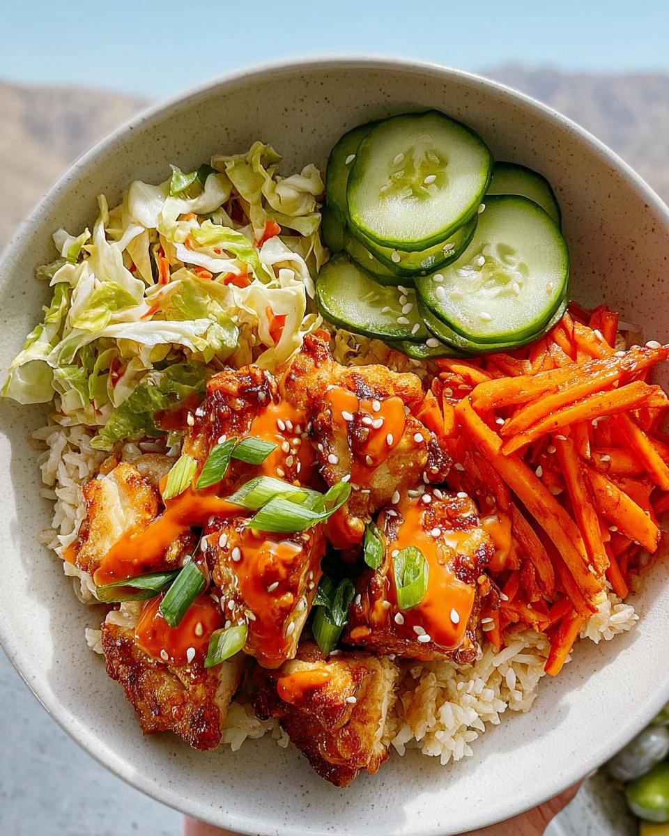 A Healthy Bang Bang Chicken Bowl with Creamy Spicy Sauce, featuring crispy chicken, rice, shredded carrots, cucumber slices, and cabbage.