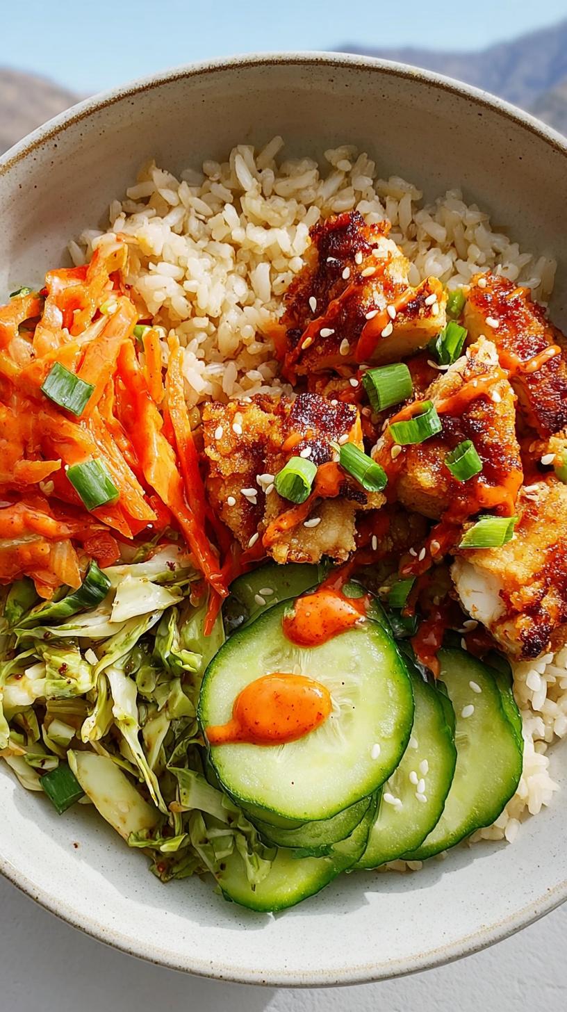 A close-up of a Healthy Bang Bang Chicken Bowl featuring crispy chicken, brown rice, shredded carrots, cabbage slaw, and cucumber slices drizzled with creamy spicy sauce.