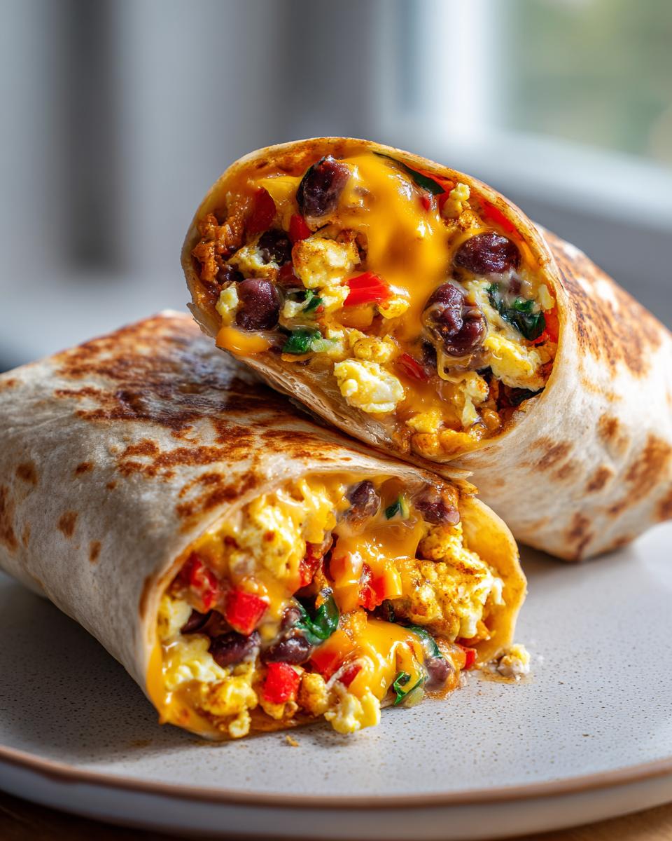 A close-up of a healthy breakfast burrito, cut in half, revealing scrambled eggs, black beans, red peppers, and melted cheese.