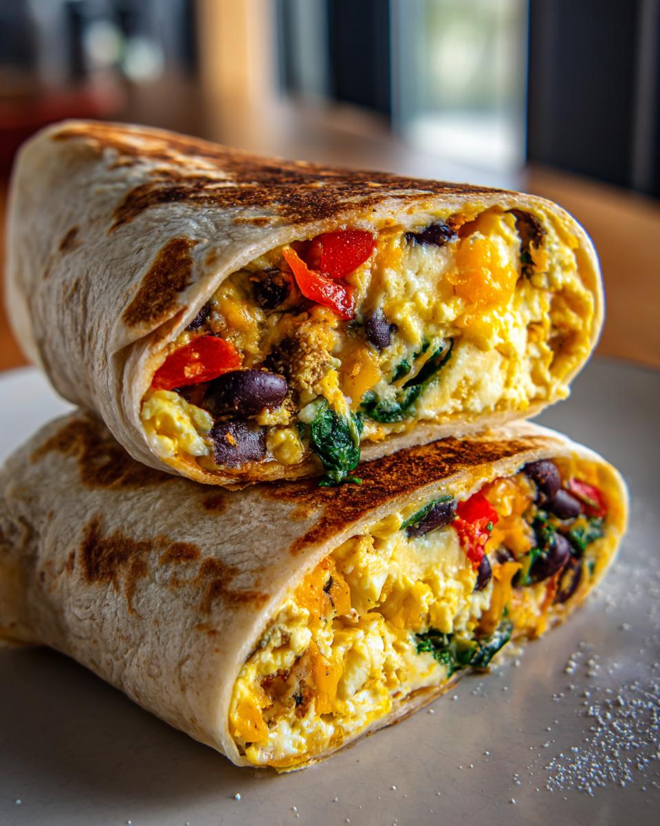 Close-up of two halves of a healthy breakfast burrito, revealing scrambled eggs, black beans, spinach, and red peppers.