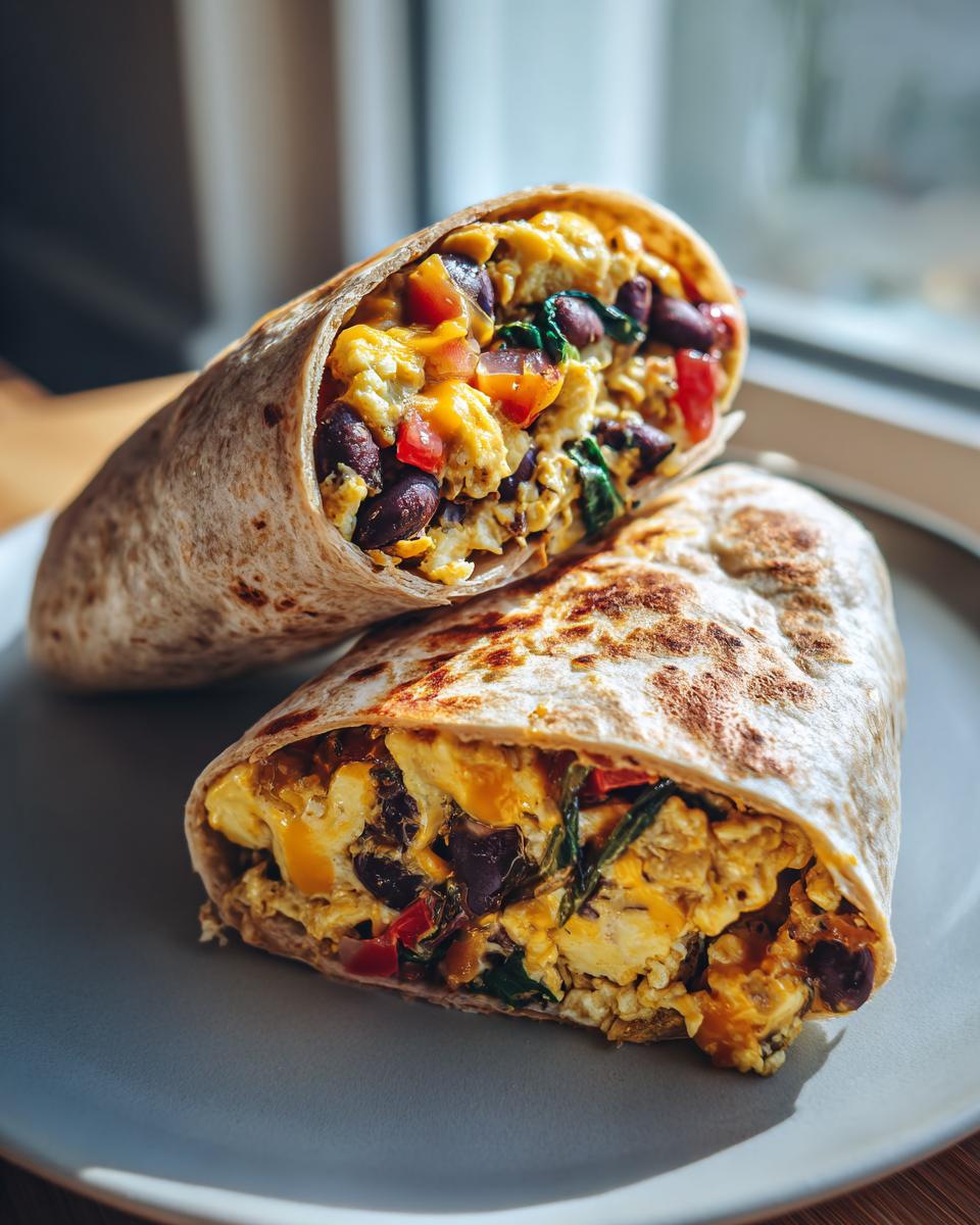 Close-up of a healthy breakfast burrito cut in half, revealing scrambled eggs, black beans, spinach, and diced tomatoes.