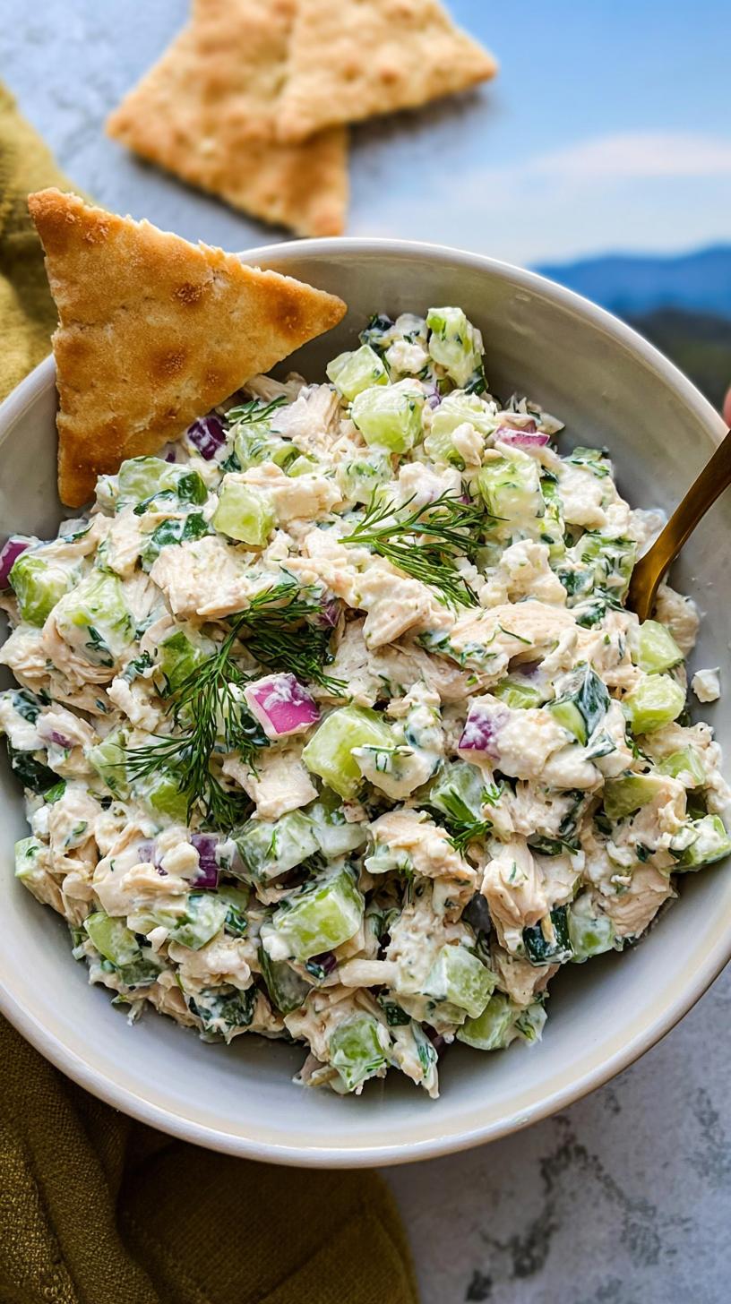 38g Protein Healthy Tzatziki Chicken Salad Now 4 A bowl of Healthy Tzatziki Chicken Salad with Greek Yogurt, featuring shredded chicken, cucumber, red onion, and dill, topped with a cracker.