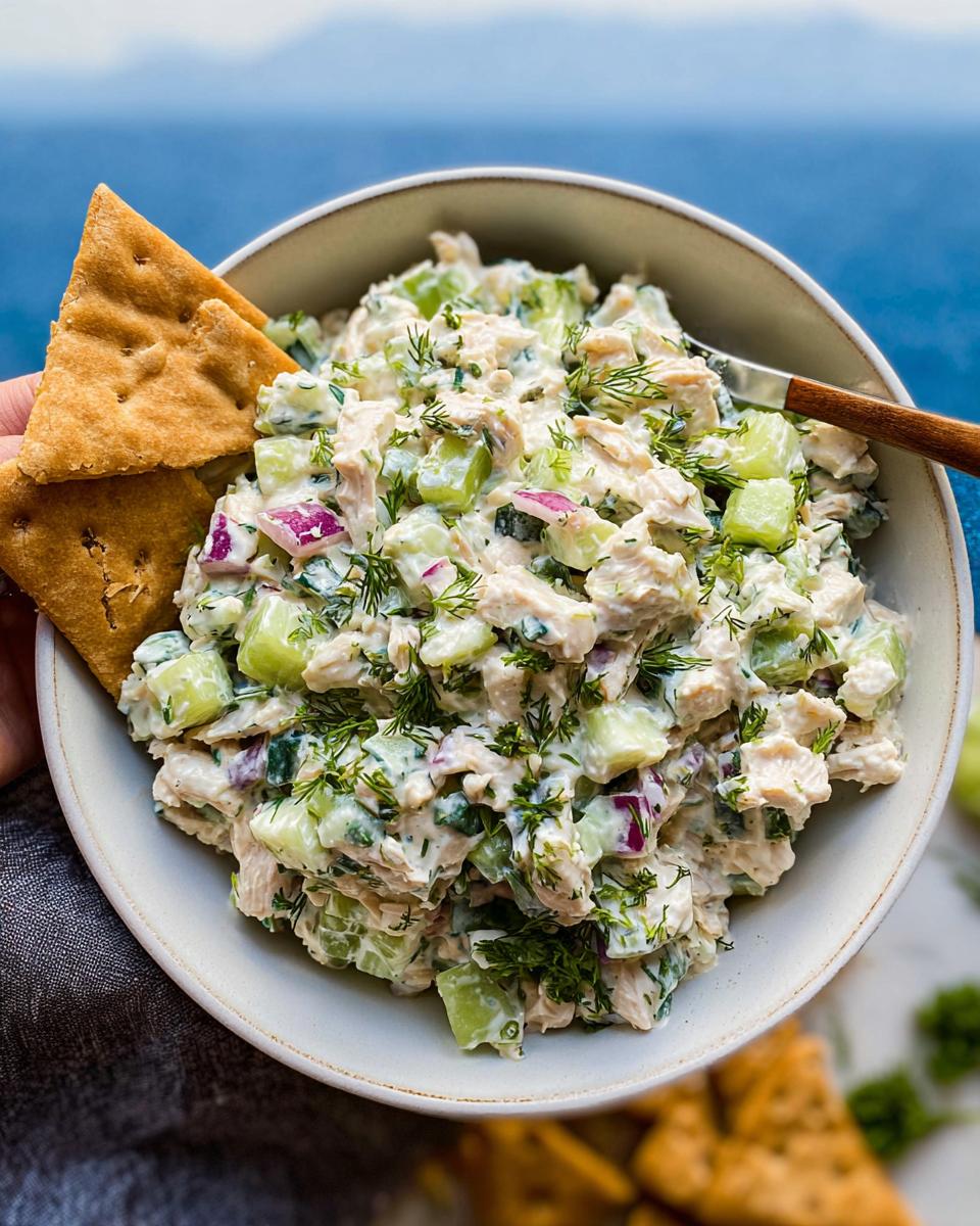 38g Protein Healthy Tzatziki Chicken Salad Now 5 A bowl of Healthy Tzatziki Chicken Salad with Greek Yogurt, filled with chicken, cucumber, red onion, and dill, served with crackers.