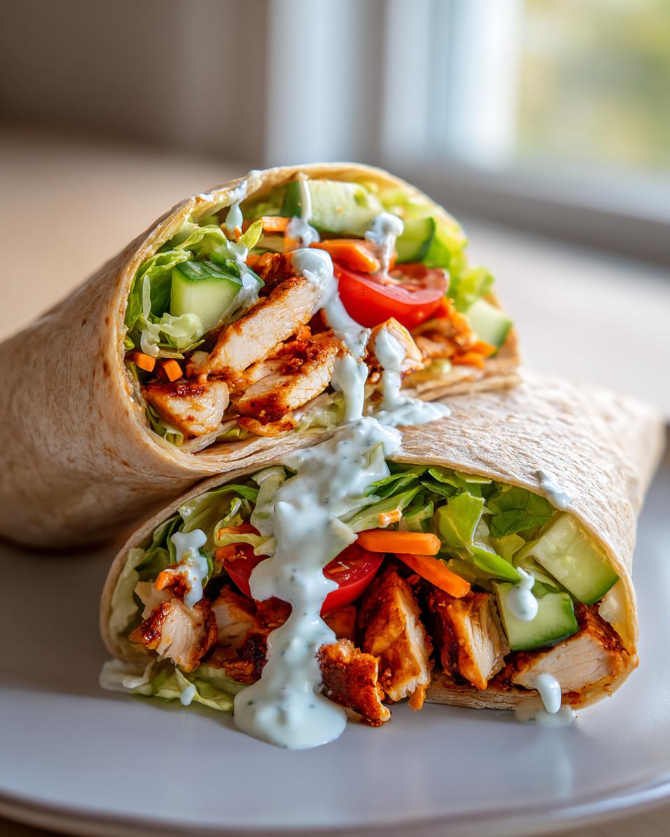 A delicious high protein chicken wrap cut in half, revealing seasoned chicken, crisp lettuce, cucumber, tomato, and a creamy sauce.
