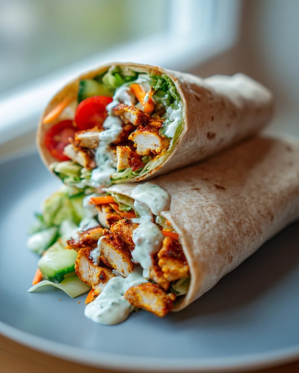 A close-up of two delicious high protein chicken wraps filled with seasoned chicken, lettuce, tomato, cucumber, and a creamy sauce.