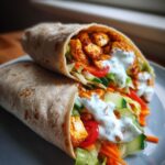 Two halves of a high protein chicken wrap filled with seasoned chicken, lettuce, tomato, cucumber, carrots, and a creamy sauce.