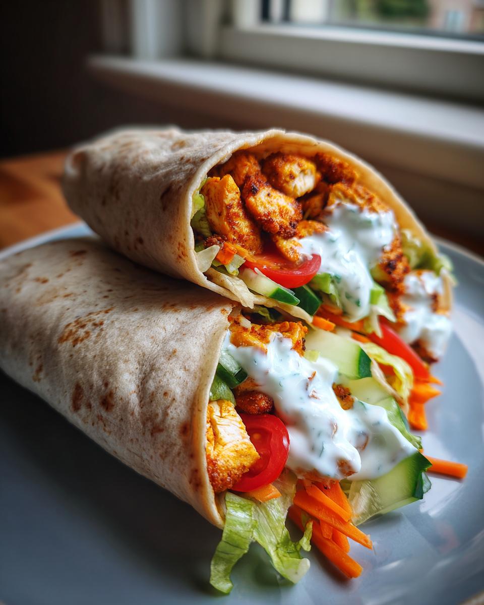 Two delicious high protein chicken wraps filled with seasoned chicken, lettuce, tomato, cucumber, carrots, and a creamy sauce.