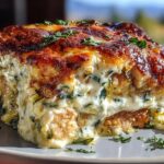 A delicious slice of High Protein Chicken Zucchini Bake, featuring layers of chicken, zucchini, and creamy cheese topping.