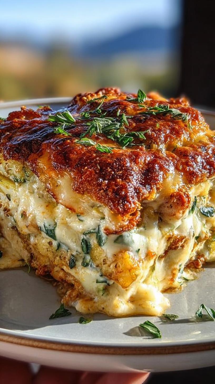 A delicious slice of High Protein Chicken Zucchini Bake, showing layers of chicken, zucchini, and creamy cheese.