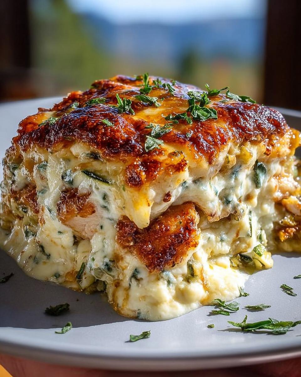 A delicious slice of High Protein Chicken Zucchini Bake, featuring layers of chicken, zucchini, and creamy cheese topping.
