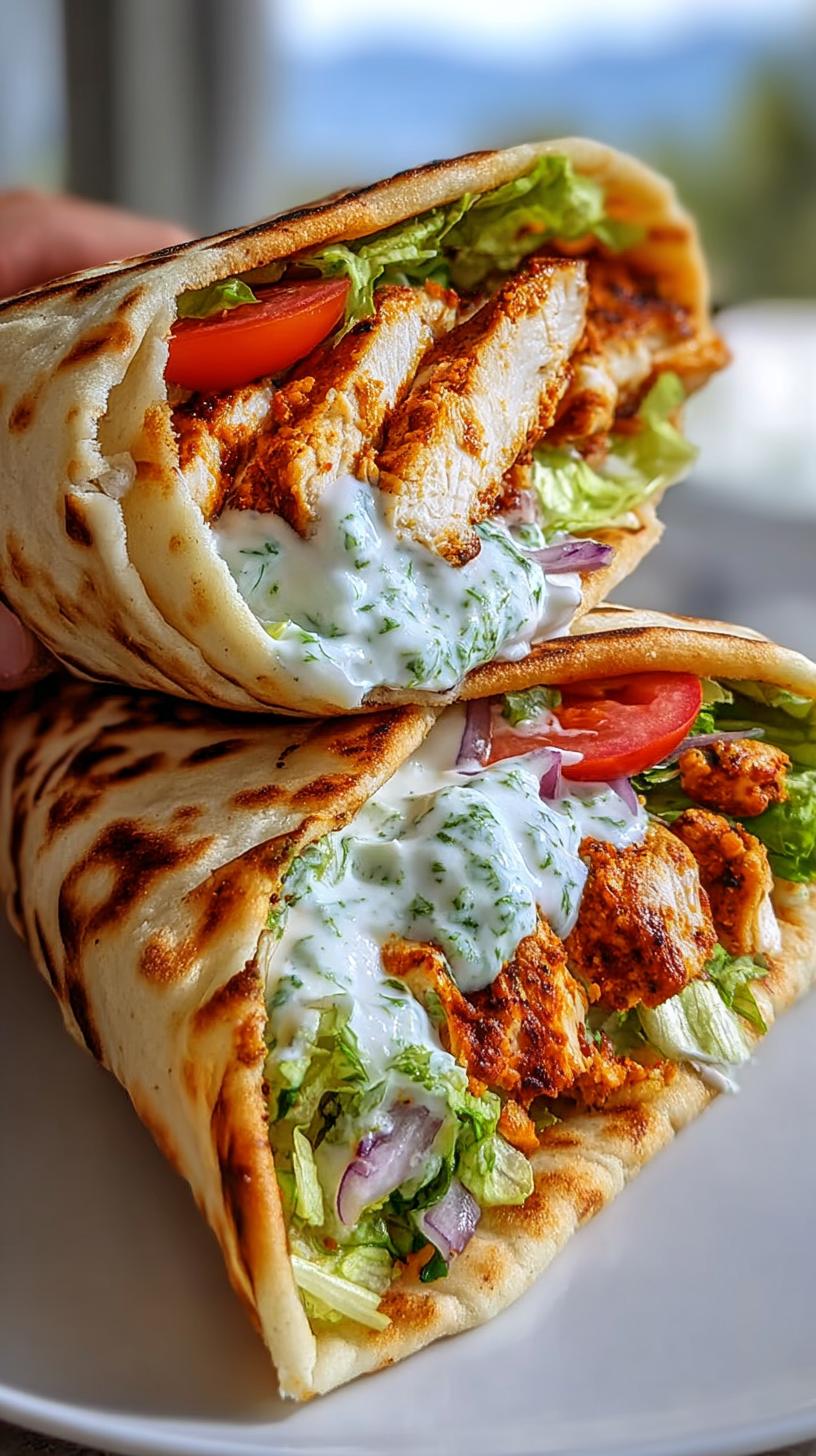 Close-up of two High Protein Cottage Cheese Flatbread Chicken Wraps filled with sliced chicken, lettuce, tomato, red onion, and creamy sauce.