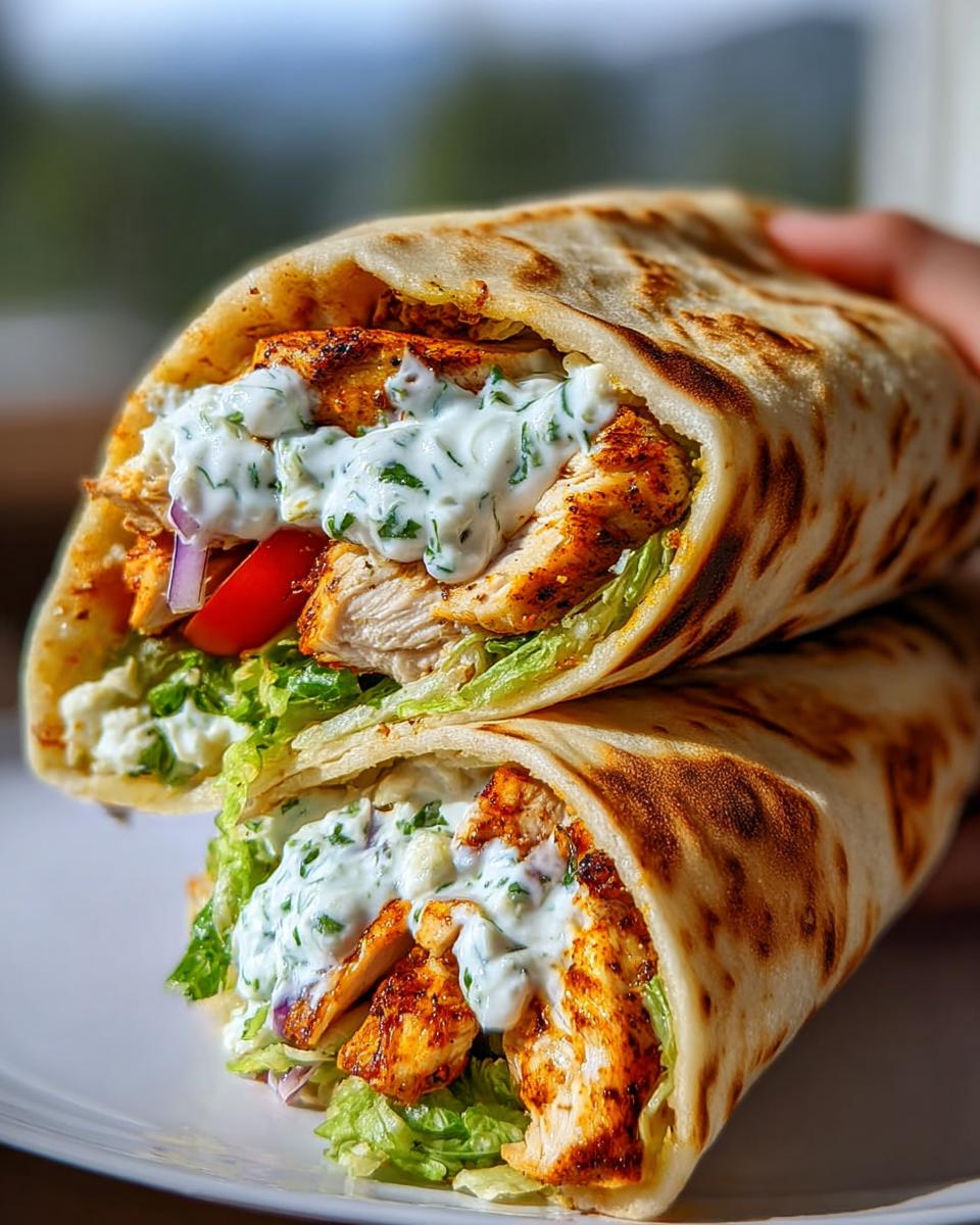 Close-up of two High Protein Cottage Cheese Flatbread Chicken Wraps filled with grilled chicken, lettuce, tomato, red onion, and a creamy herb sauce.