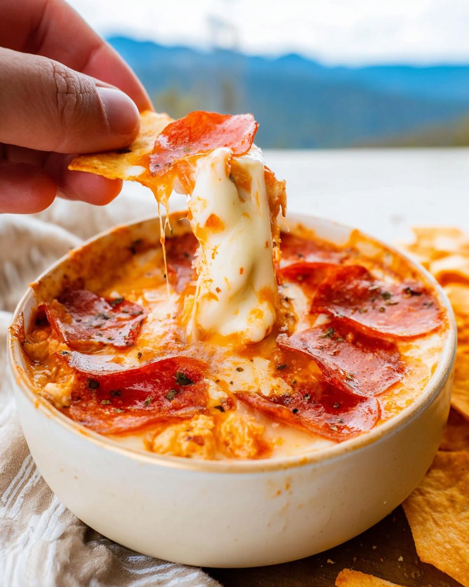 A scoop of high protein cottage cheese pizza bowl dip being lifted with a chip, showing melted cheese and pepperoni.