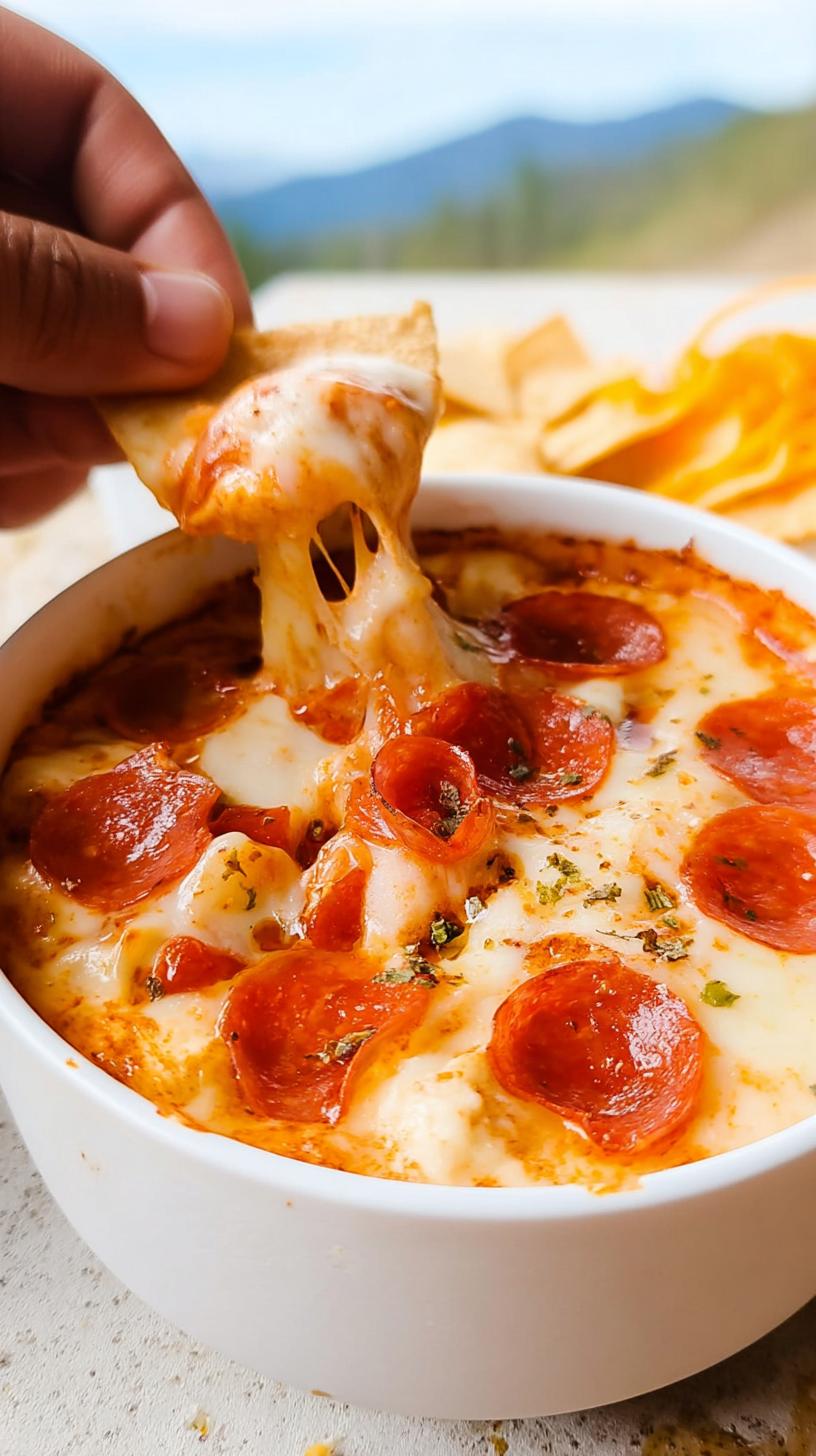 A hand dips a chip into a bubbly, cheesy High Protein Cottage Cheese Pizza Bowl with pepperoni.