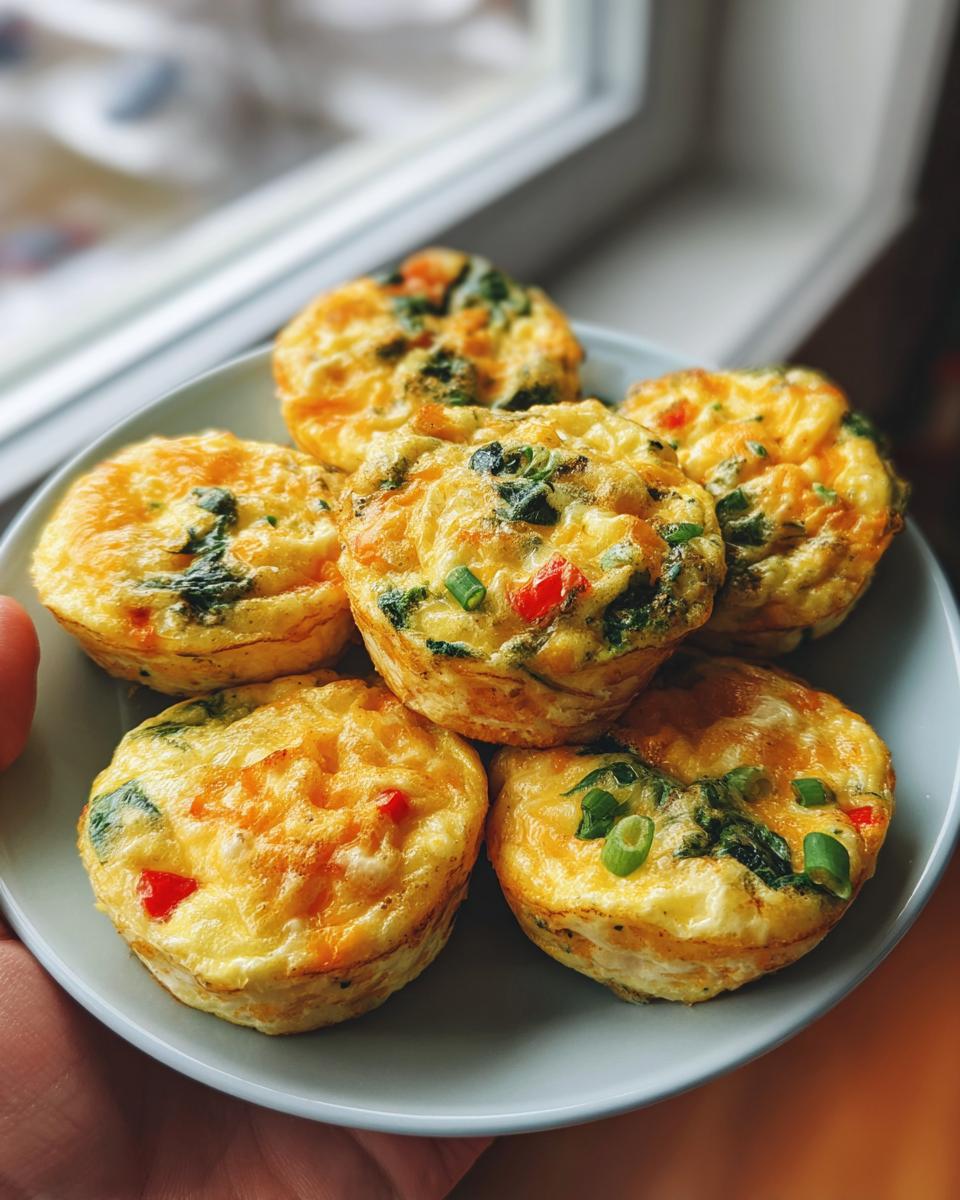 A plate of six savory high protein egg muffins filled with spinach, red peppers, and green onions.