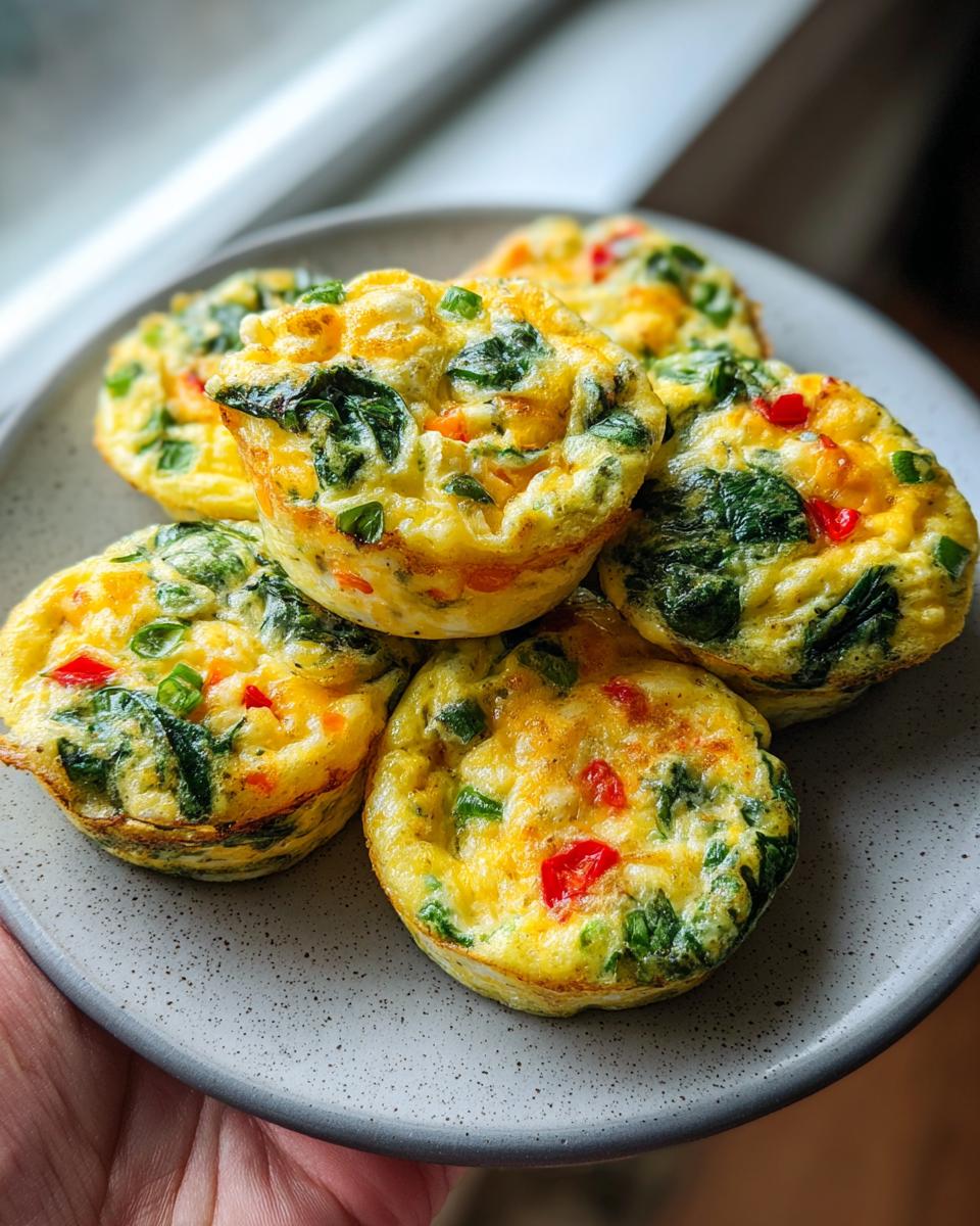 A plate of five savory high protein egg muffins filled with spinach, red bell peppers, and green onions.