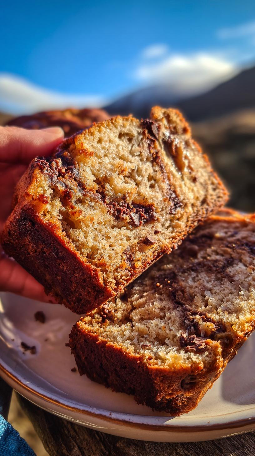 Guiltless 7g High Protein Greek Yogurt Banana Bread 4 A close-up of a slice of High Protein Greek Yogurt Banana Bread with visible chocolate chunks.
