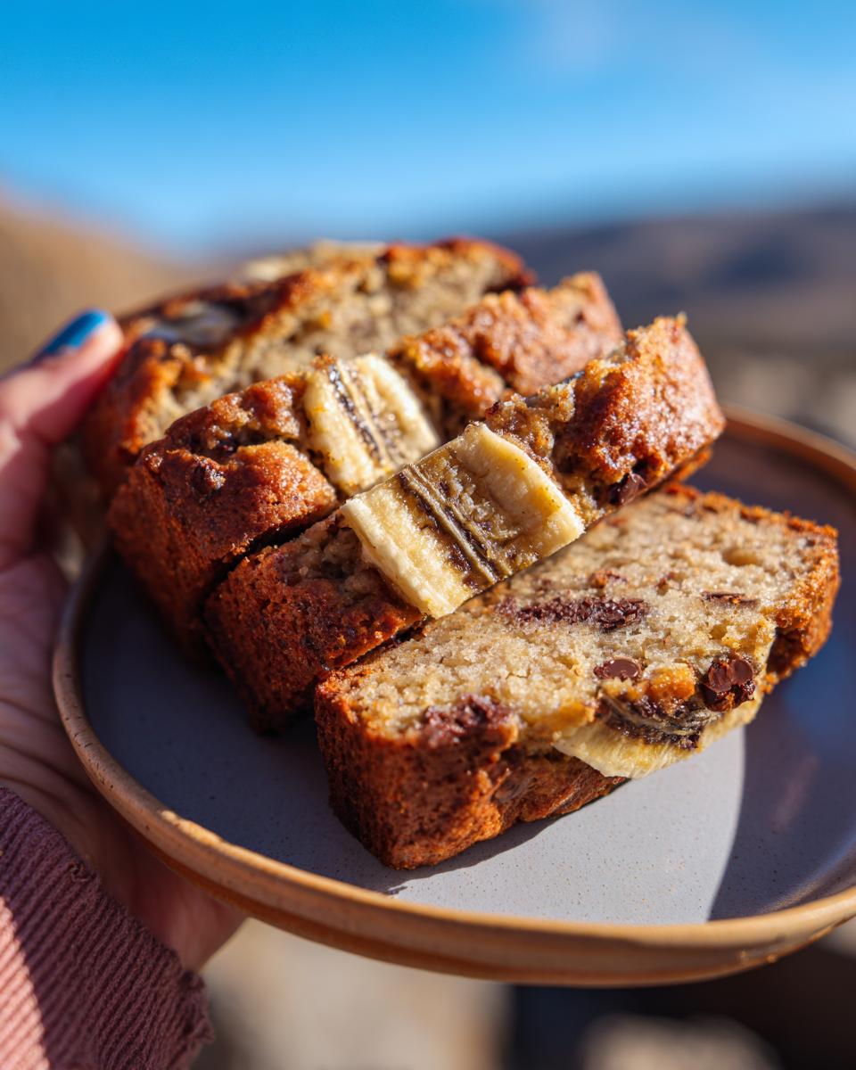 Guiltless 7g High Protein Greek Yogurt Banana Bread 5 Close-up of moist High Protein Greek Yogurt Banana Bread slices with chocolate chips and banana slices on top.