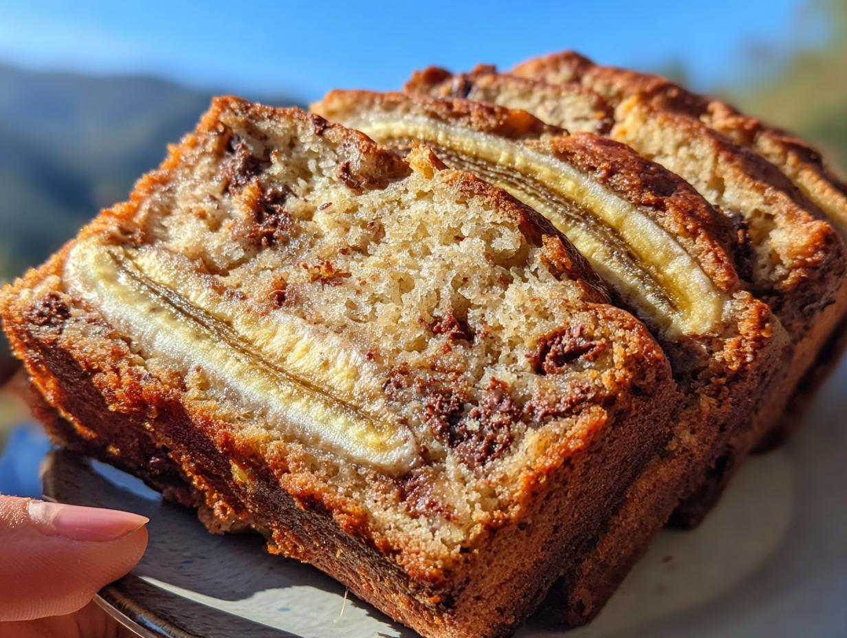 Close-up of sliced High Protein Greek Yogurt Banana Bread with visible banana slices and chocolate chips.