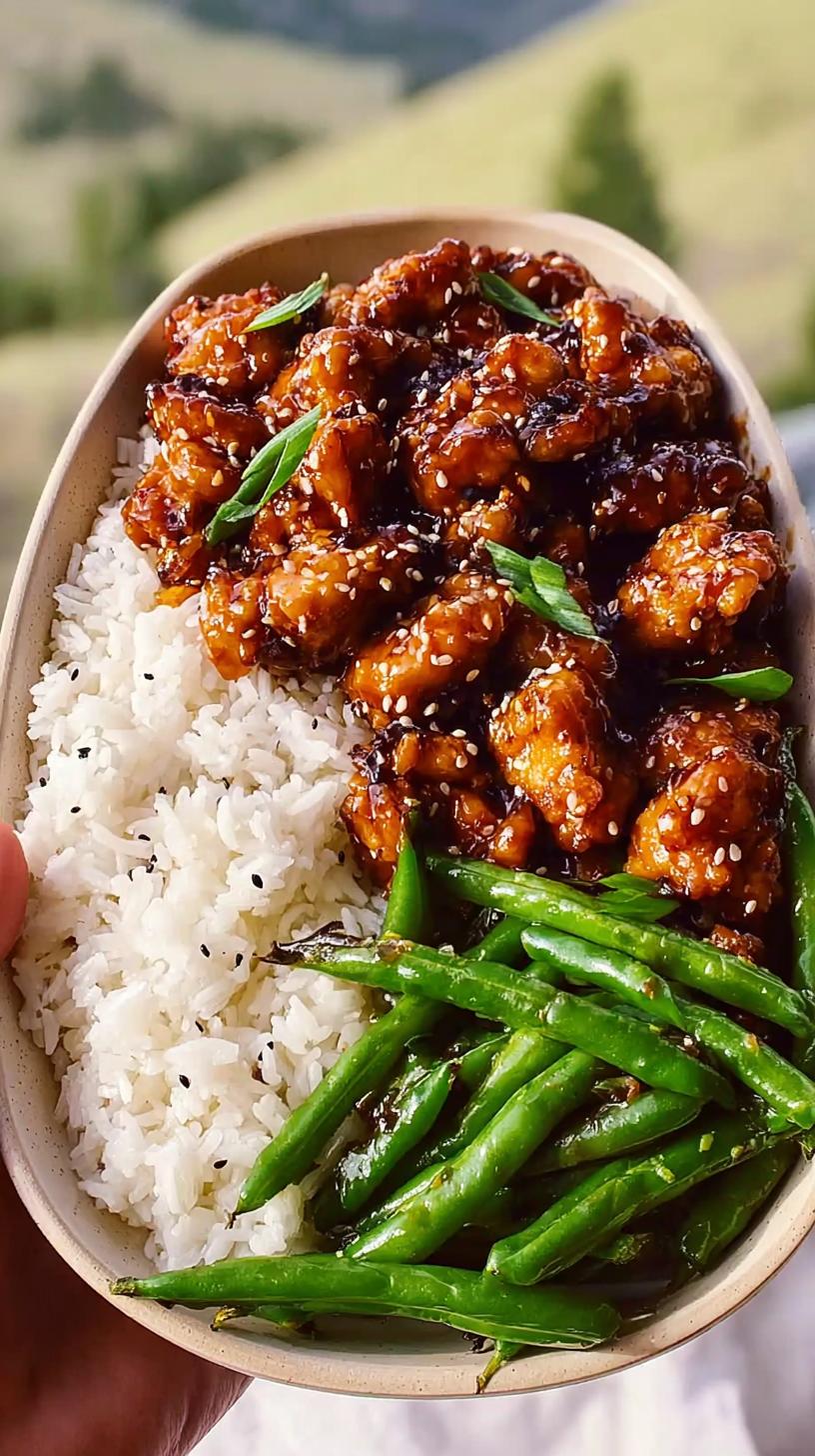 A bowl of High Protein Sesame Chicken served with white rice and crisp green beans, garnished with sesame seeds and green onions.
