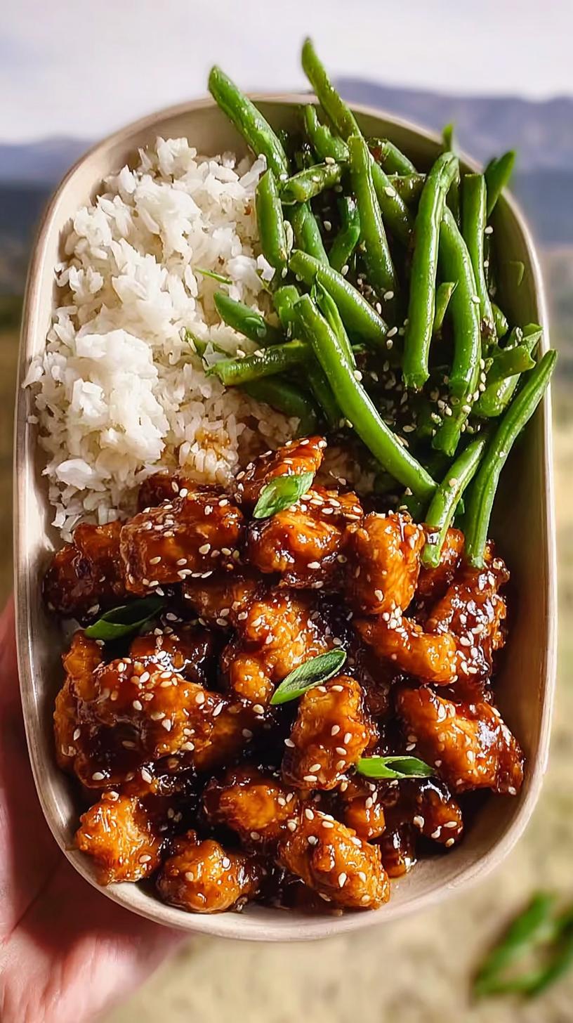 A bowl of High Protein Sesame Chicken glazed with sauce and sesame seeds, served with white rice and steamed green beans.