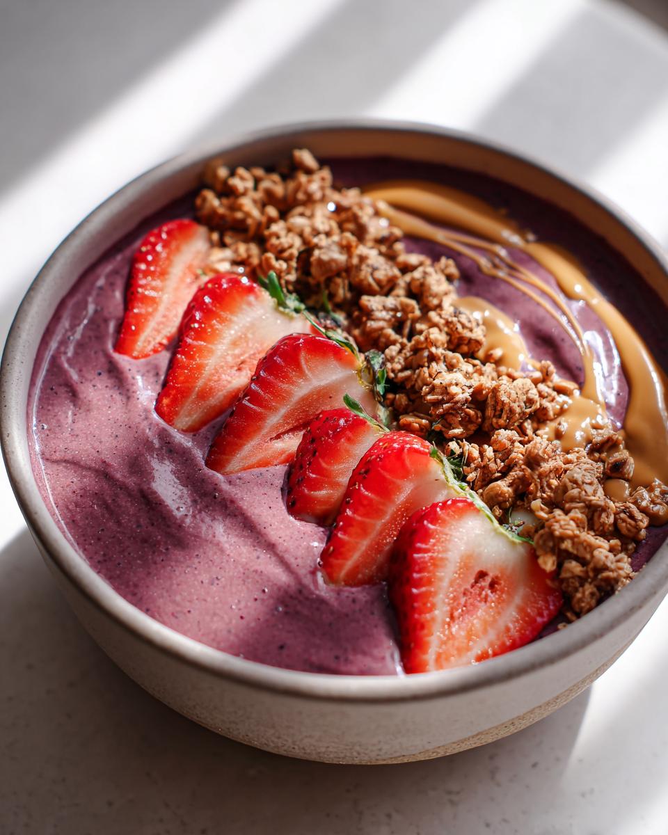 A vibrant high protein smoothie bowl topped with fresh strawberries, granola, and a swirl of peanut butter.