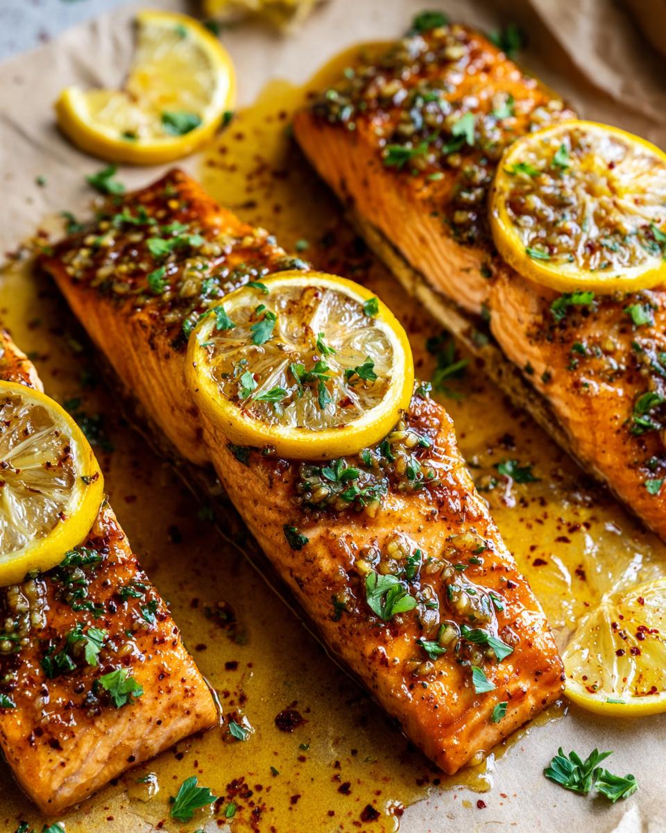 Close-up of three honey garlic baked salmon fillets topped with lemon slices and parsley.