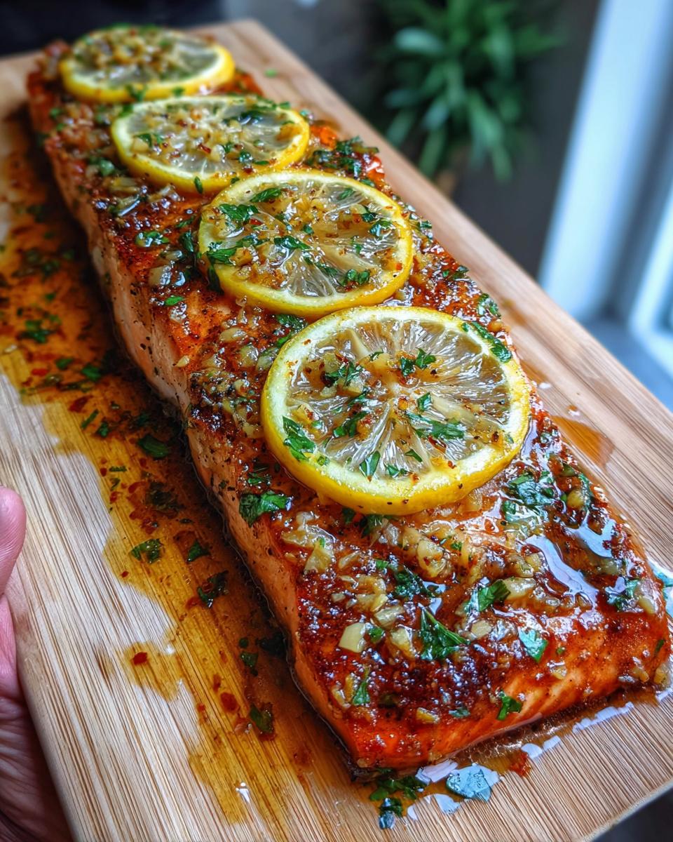 A whole fillet of honey garlic baked salmon topped with lemon slices and fresh parsley.