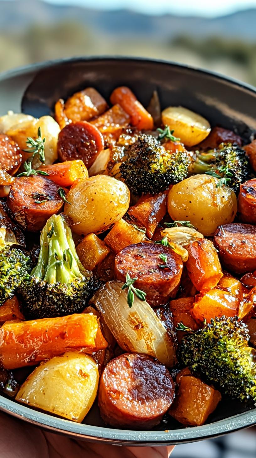 Close-up of a Honey Garlic Chicken Sausage Sheet Pan meal with roasted broccoli, potatoes, carrots, and onions.