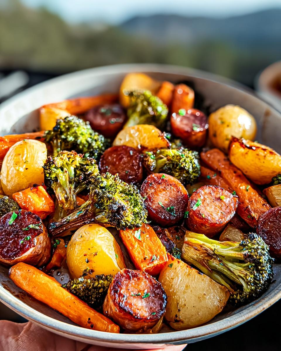 A close-up of a Honey Garlic Chicken Sausage Sheet Pan with roasted broccoli, potatoes, and carrots.