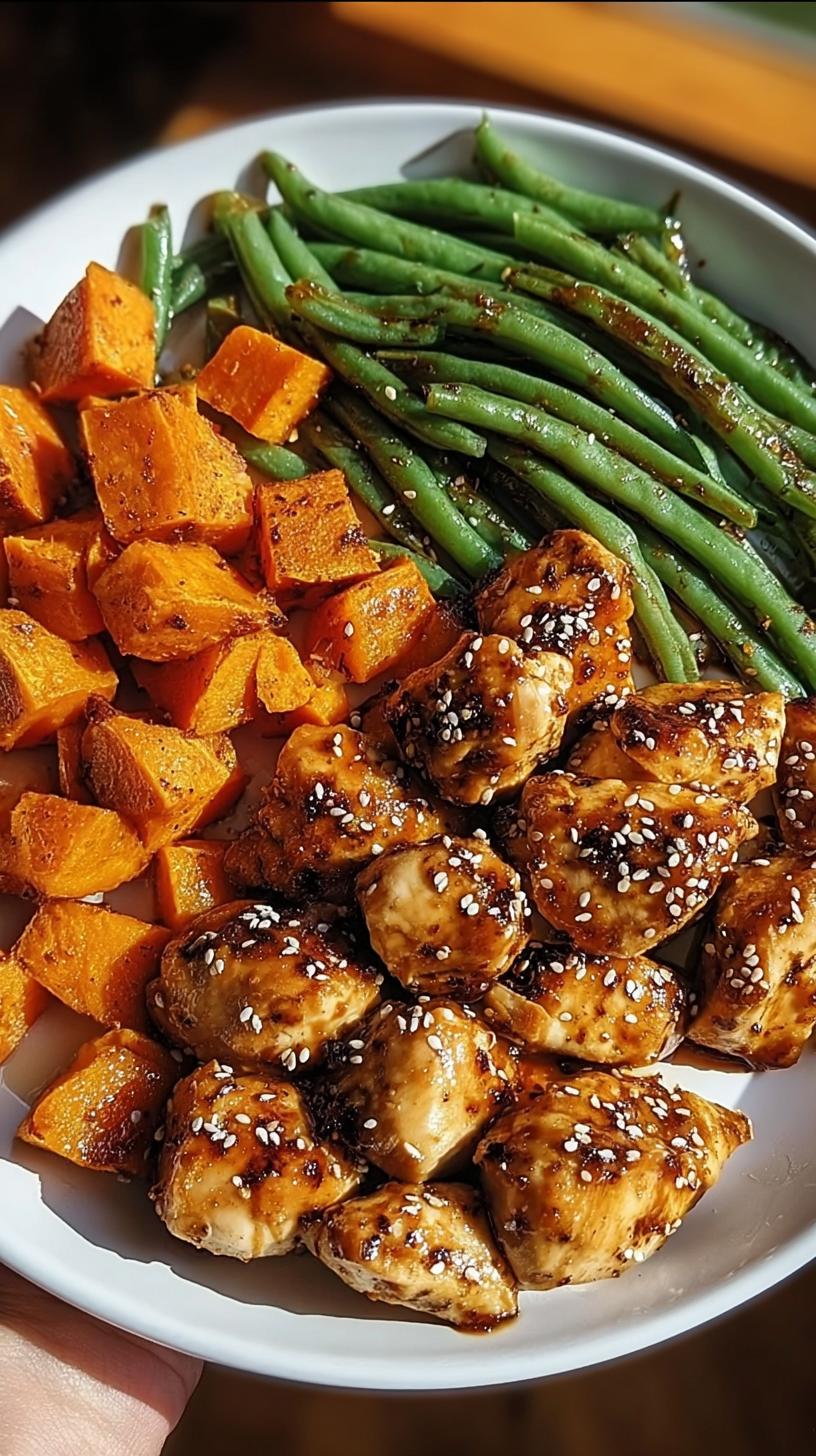 A close-up of a plate featuring Honey Garlic Chicken and Sweet Potato bites alongside steamed green beans, sprinkled with sesame seeds.