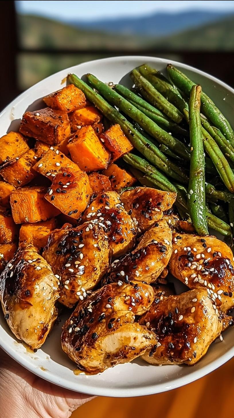 A close-up of a white bowl filled with Honey Garlic Chicken, roasted sweet potato cubes, and green beans, sprinkled with sesame seeds.