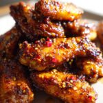 Close-up of a stack of glistening honey garlic chicken wings, coated in a sticky sauce and sprinkled with chili flakes and sesame seeds.
