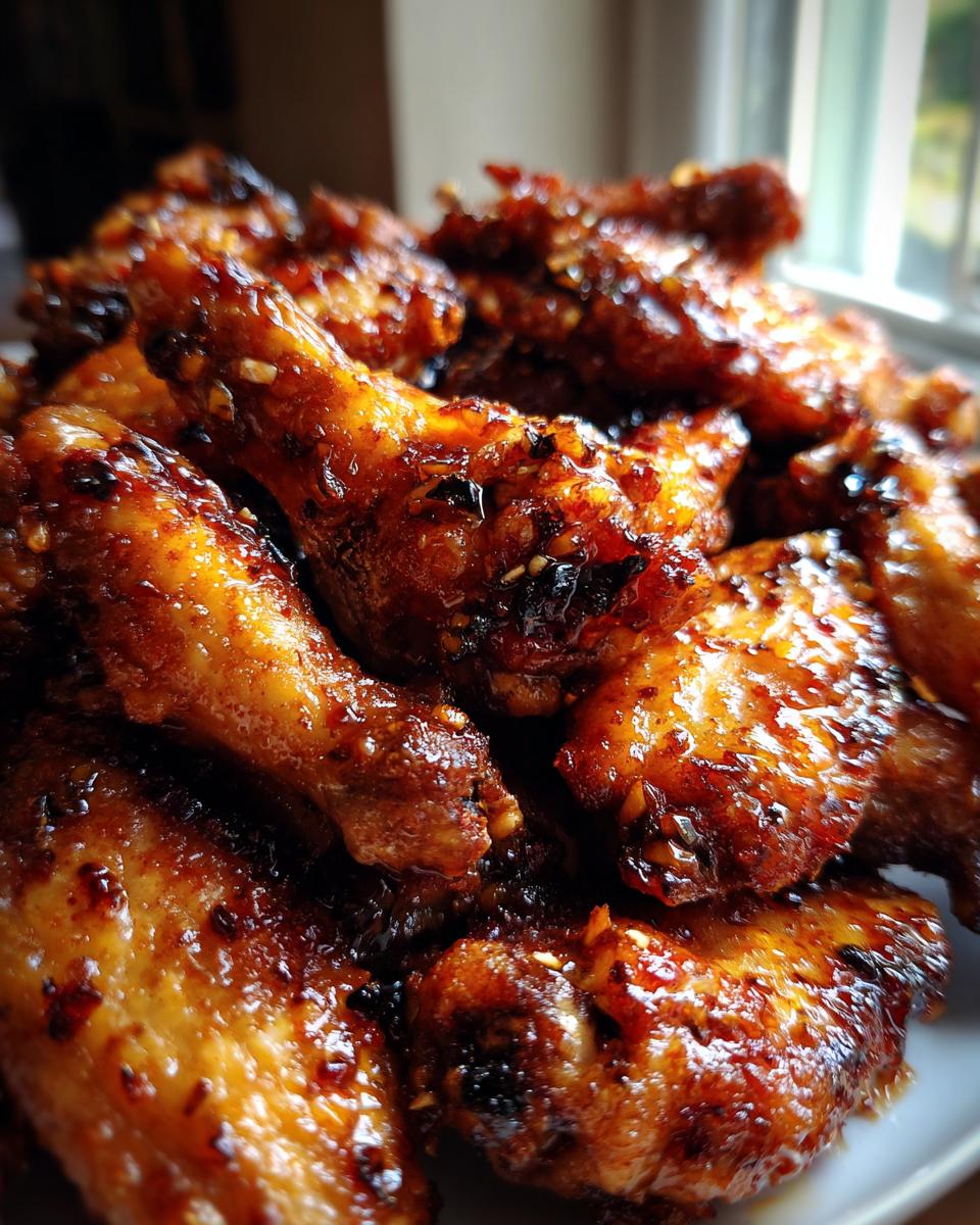 Close-up shot of a pile of glistening honey garlic chicken wings, coated in a rich sauce and sprinkled with sesame seeds.
