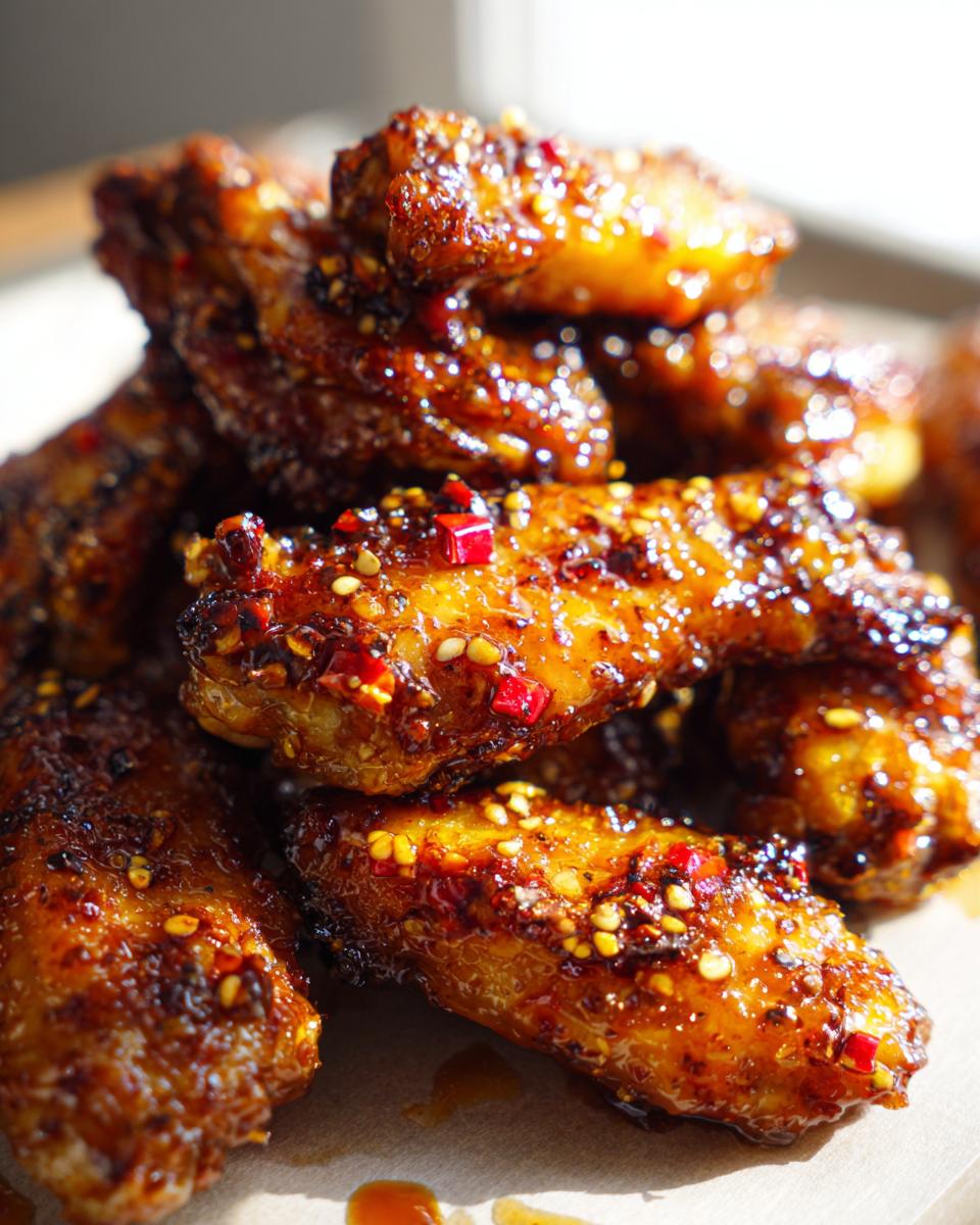 Close-up of a stack of glistening honey garlic chicken wings, sprinkled with sesame seeds and chili flakes.