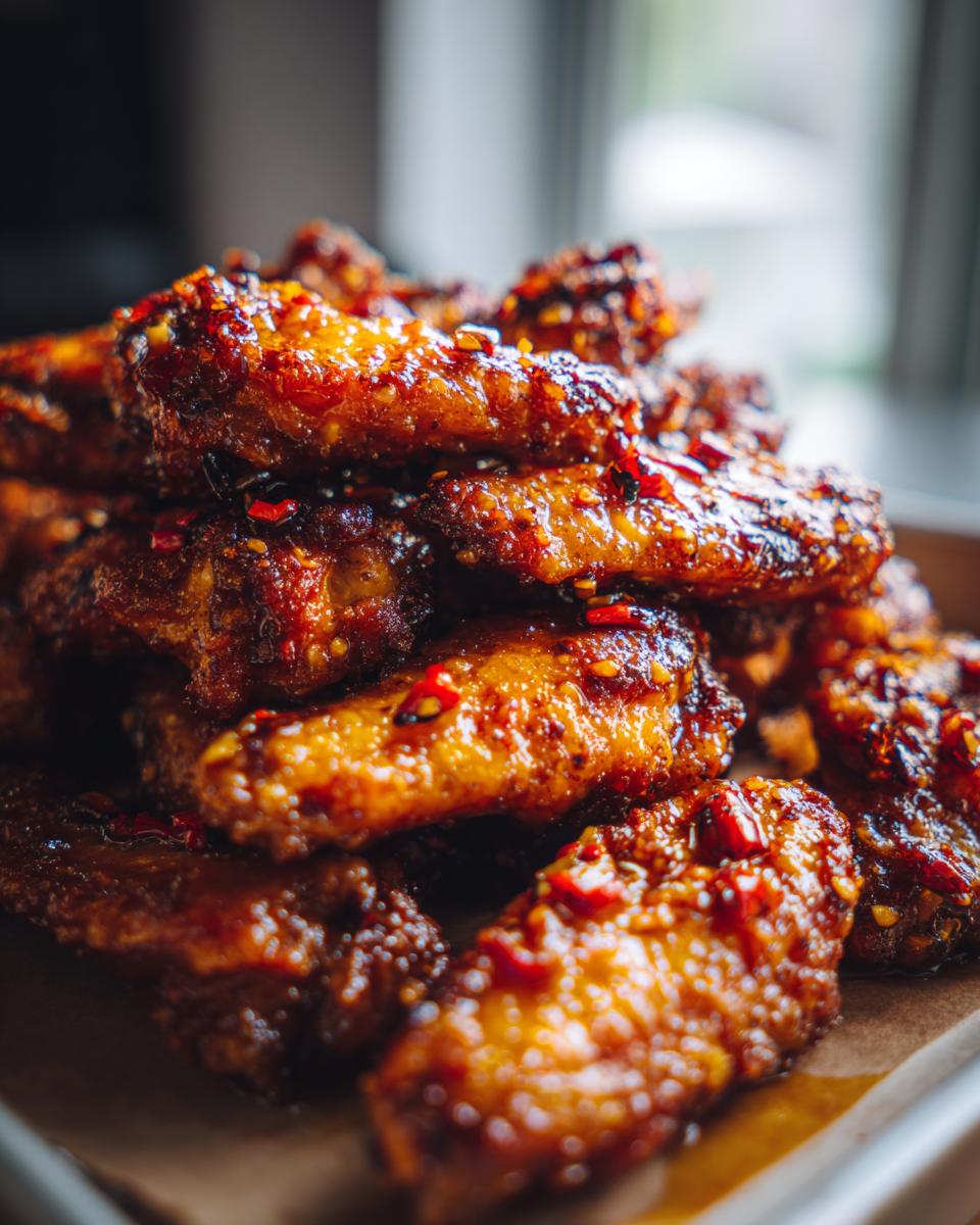 Close-up of a pile of glistening honey garlic chicken wings, coated in a sticky sauce and sprinkled with red pepper flakes.
