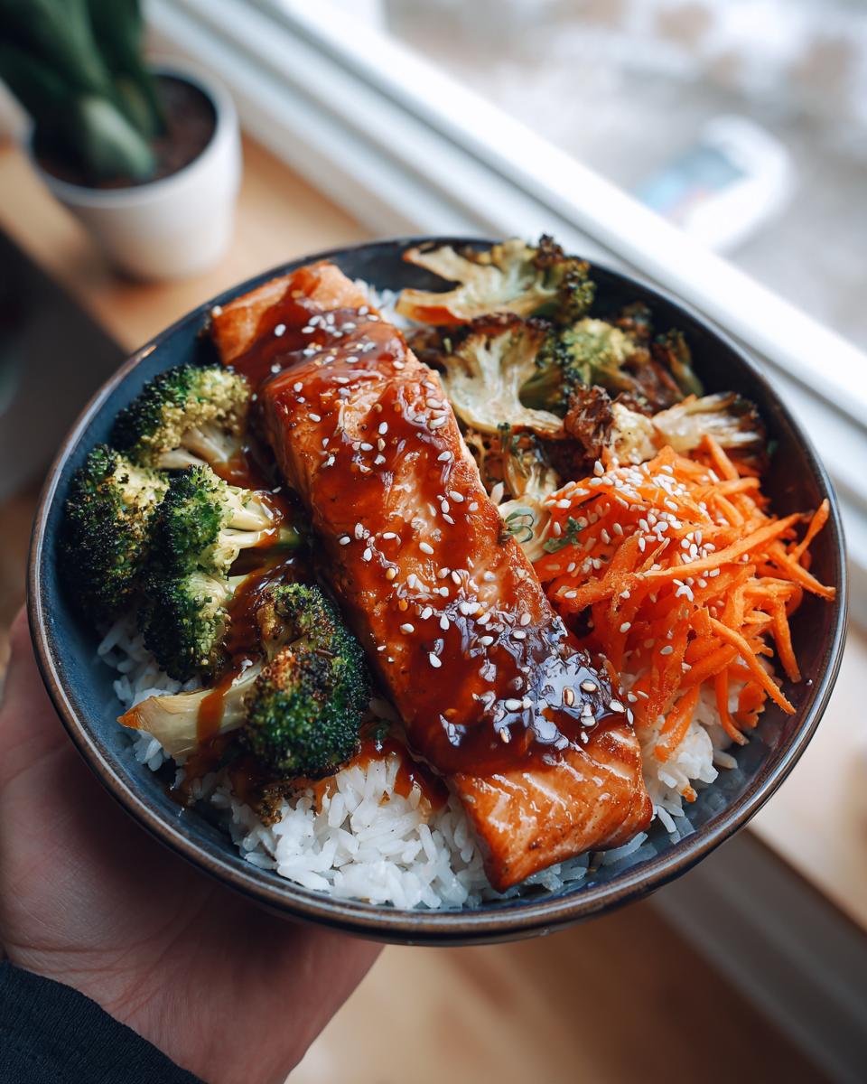 A close-up of a honey garlic salmon bowl filled with white rice, roasted broccoli, shredded carrots, and a glazed salmon fillet topped with sesame seeds.