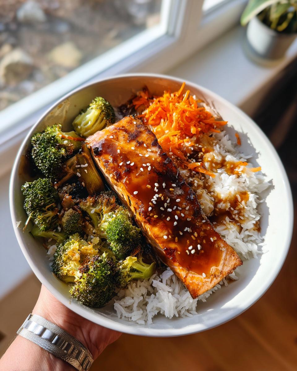 A close-up of a honey garlic salmon bowl featuring a glazed salmon fillet, roasted broccoli, shredded carrots, and white rice, sprinkled with sesame seeds.