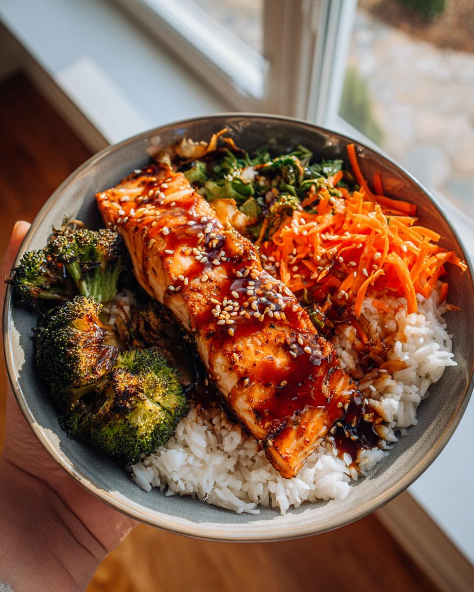A close-up of a honey garlic salmon bowl with rice, roasted broccoli, shredded carrots, and greens, drizzled with sauce and sesame seeds.