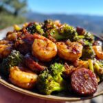 A close-up of a delicious honey garlic shrimp sausage broccoli dish, glistening with sauce.