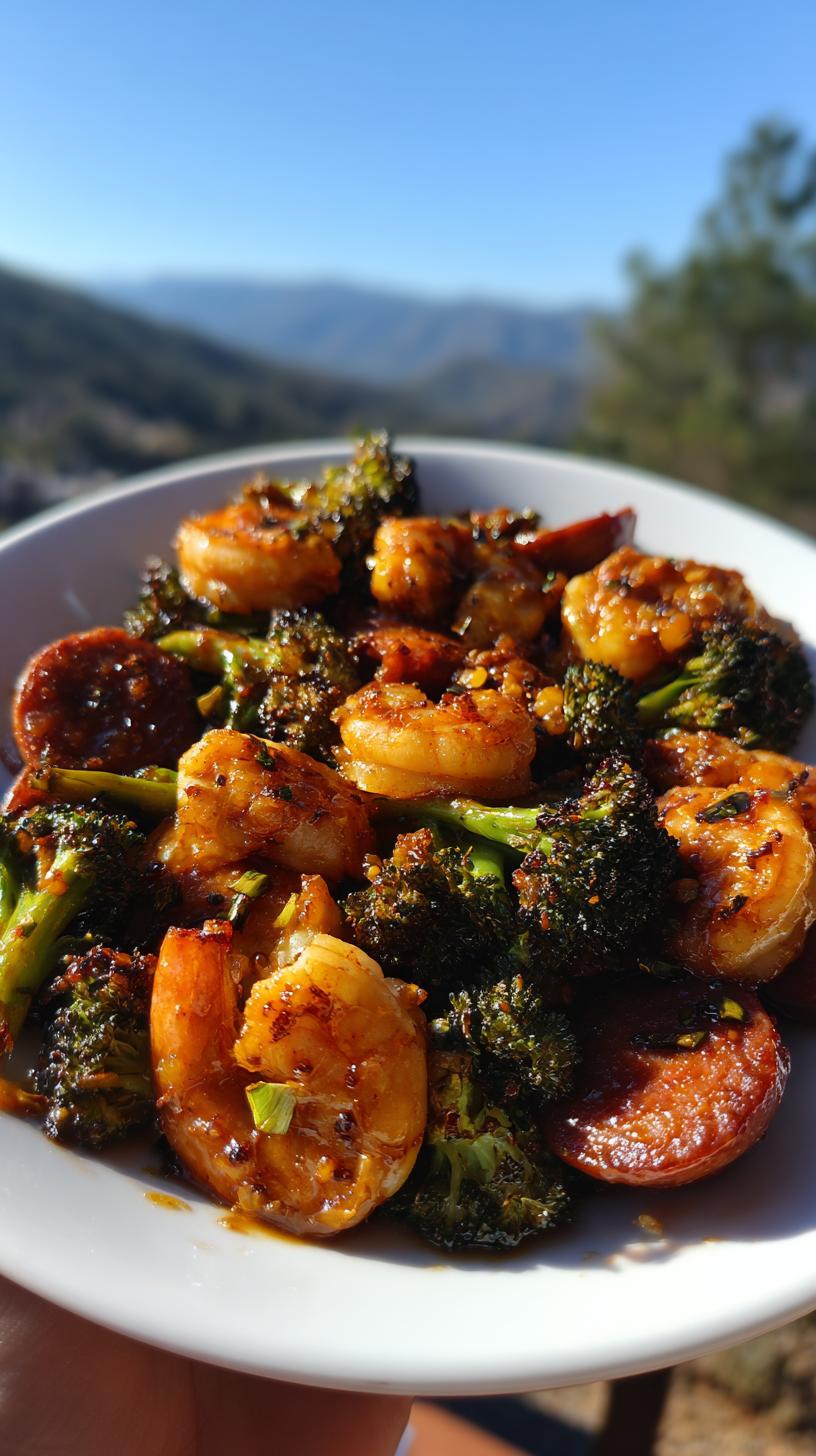 Close-up of a white plate filled with honey garlic shrimp sausage broccoli, glistening with sauce.