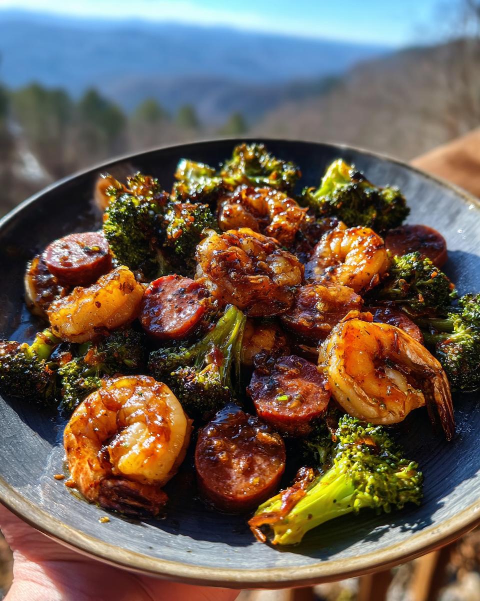 A close-up of a bowl filled with honey garlic shrimp sausage broccoli, glistening with sauce.
