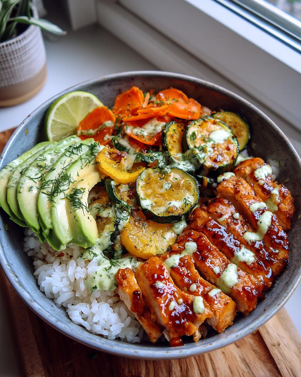 4 hot honey chicken and rice bowls secrets 5 A close-up of a hot honey chicken and rice bowl featuring sliced chicken, white rice, avocado, zucchini, carrots, and a creamy green sauce.