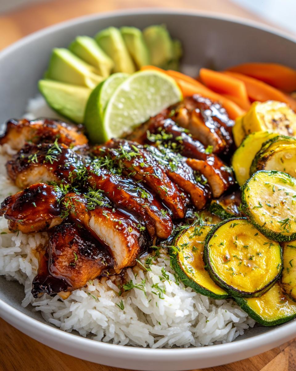 4 hot honey chicken and rice bowls secrets 4 Close-up of a hot honey chicken and rice bowl featuring sliced chicken, white rice, avocado, carrots, zucchini, and lime.