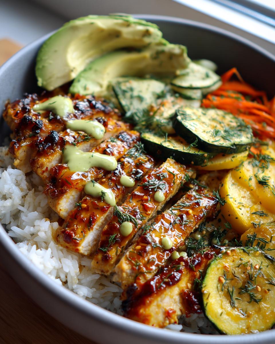 A close-up of a hot honey chicken rice bowl featuring sliced chicken, white rice, avocado, zucchini, and shredded carrots.