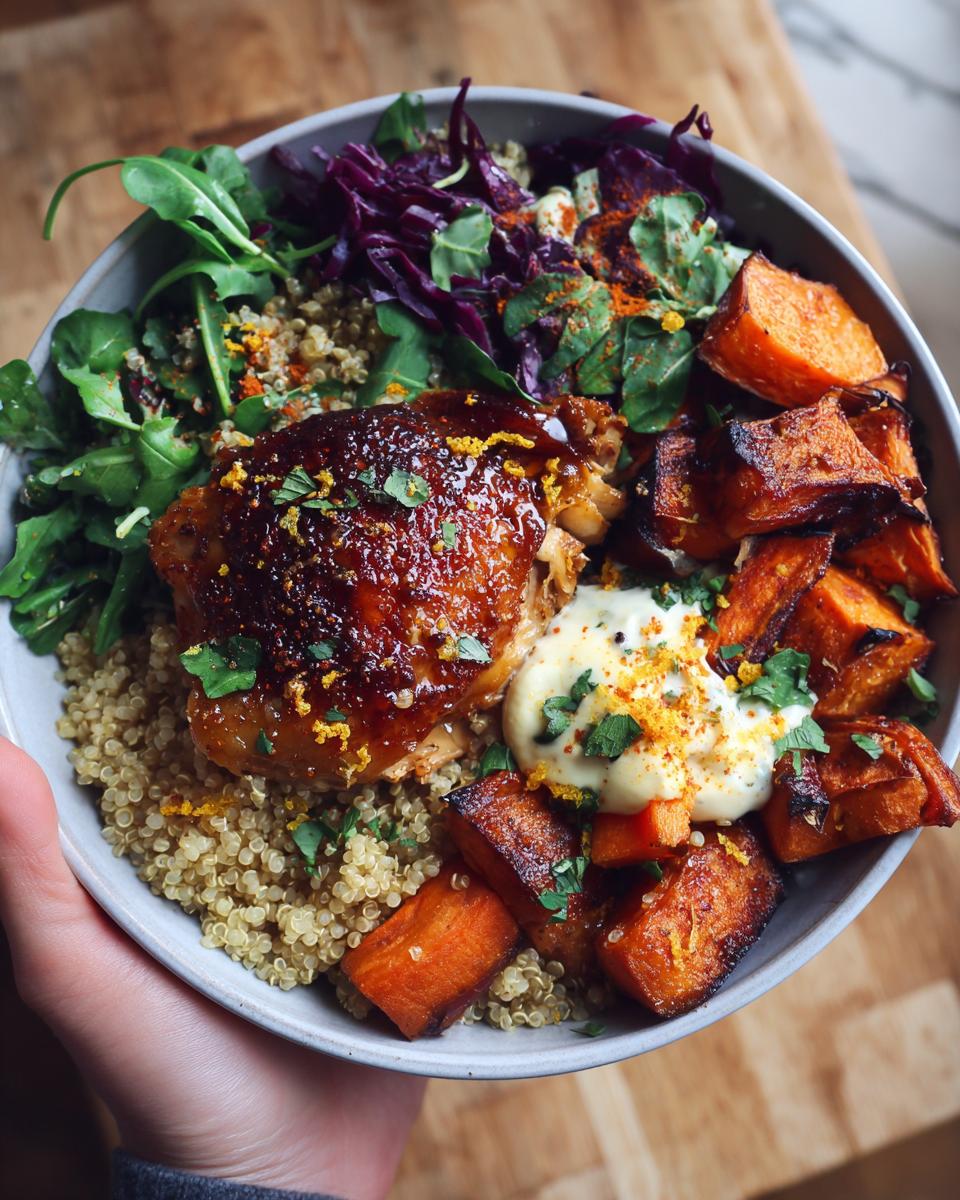 A delicious bowl featuring hot honey chicken, roasted sweet potatoes, quinoa, arugula, and red cabbage.