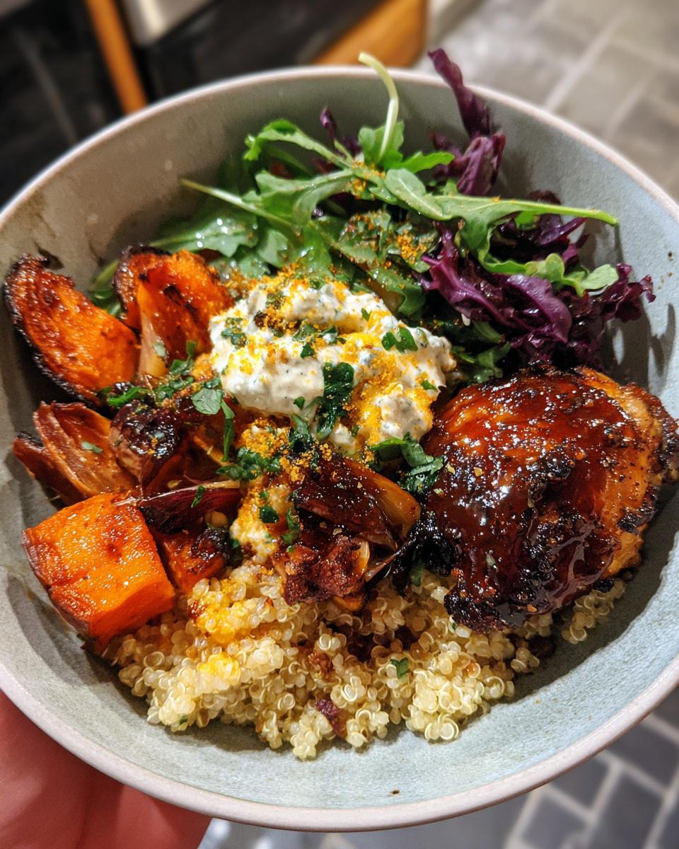 A delicious bowl featuring hot honey chicken, roasted sweet potatoes, quinoa, and greens.