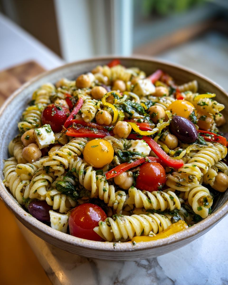 A bowl of vibrant Italian pasta salad featuring rotini pasta, chickpeas, cherry tomatoes, bell peppers, olives, and mozzarella.